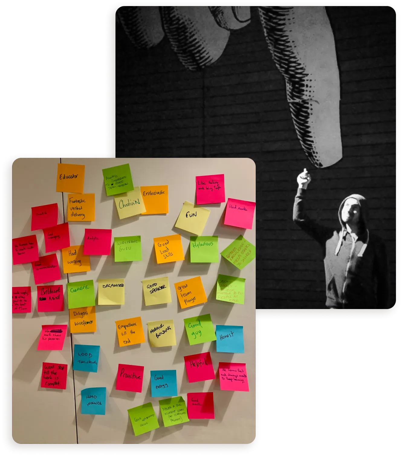 Christian pointing up at a large sculpture, and a wall of colourful sticky notes from a design workshop.