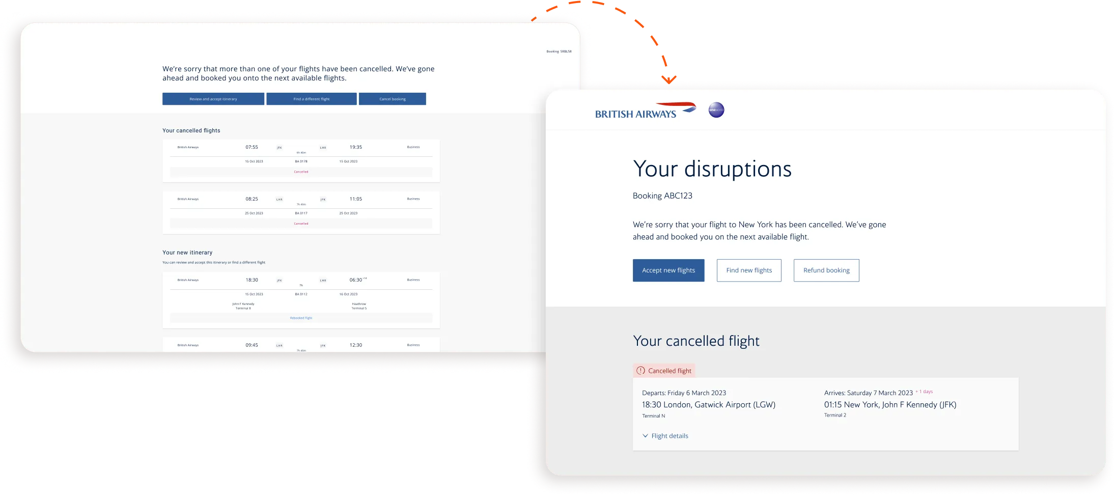 The original disruption page beside the first accessible redesign of "Your disruptions".