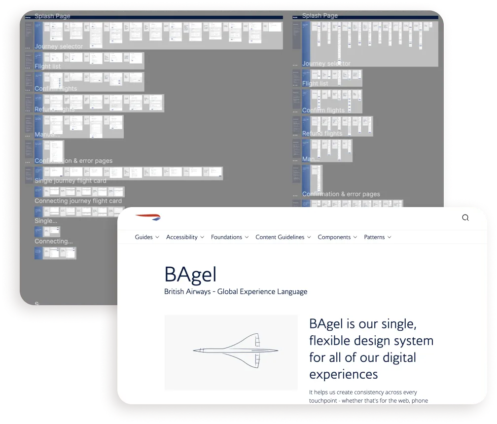 A wall of BAgel design system components beside the BAgel design system home page.