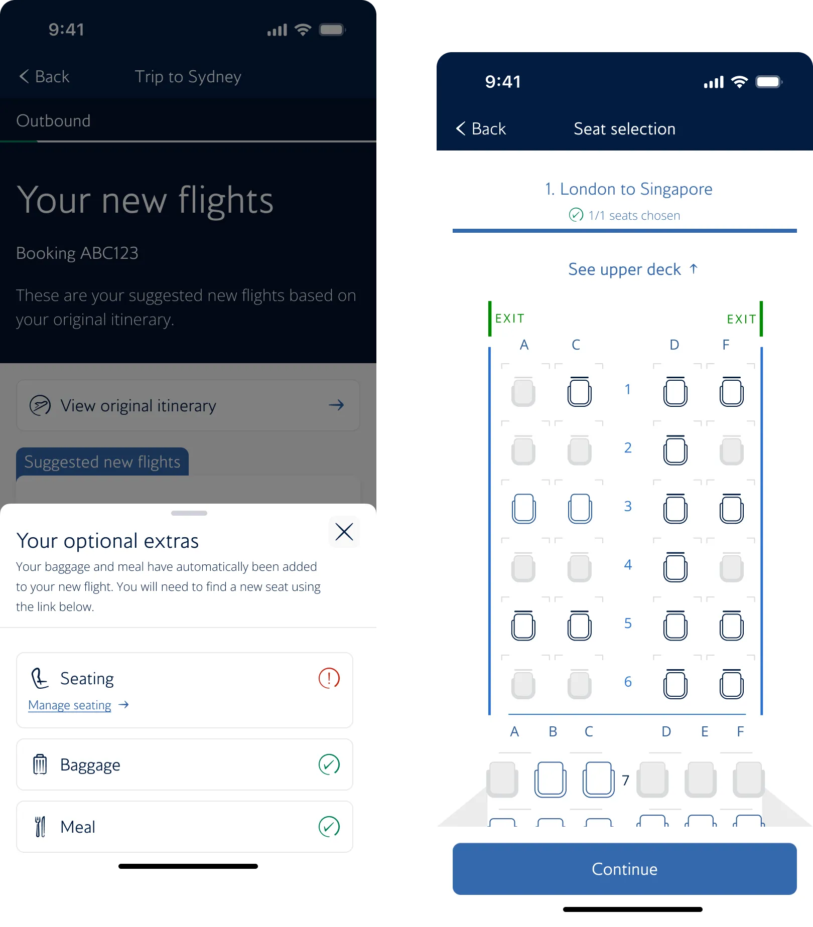App screens for keeping optional extras and choosing a new seat during a disruption.
