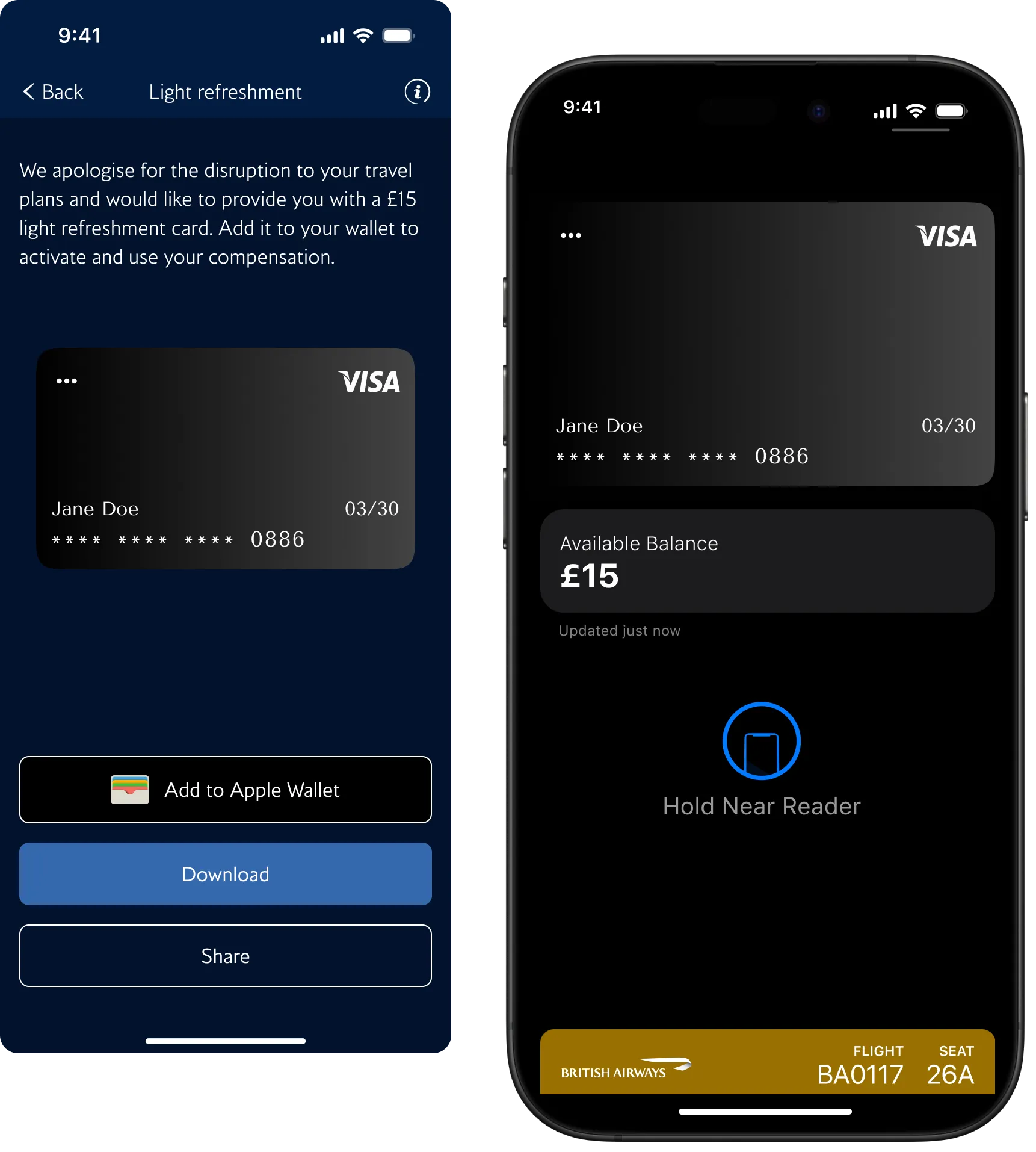 App screens for a light refreshment voucher that can be added to Apple Wallet.