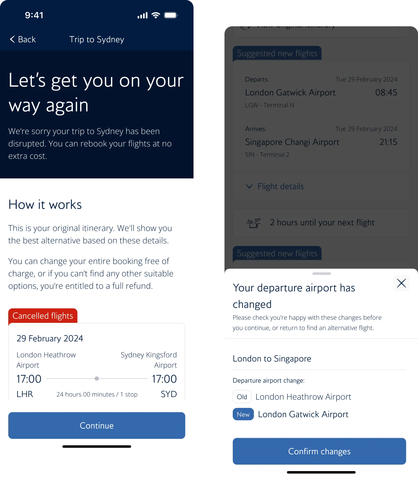 App screens: "Let’s get you on your way again" and "Your departure airport has changed".