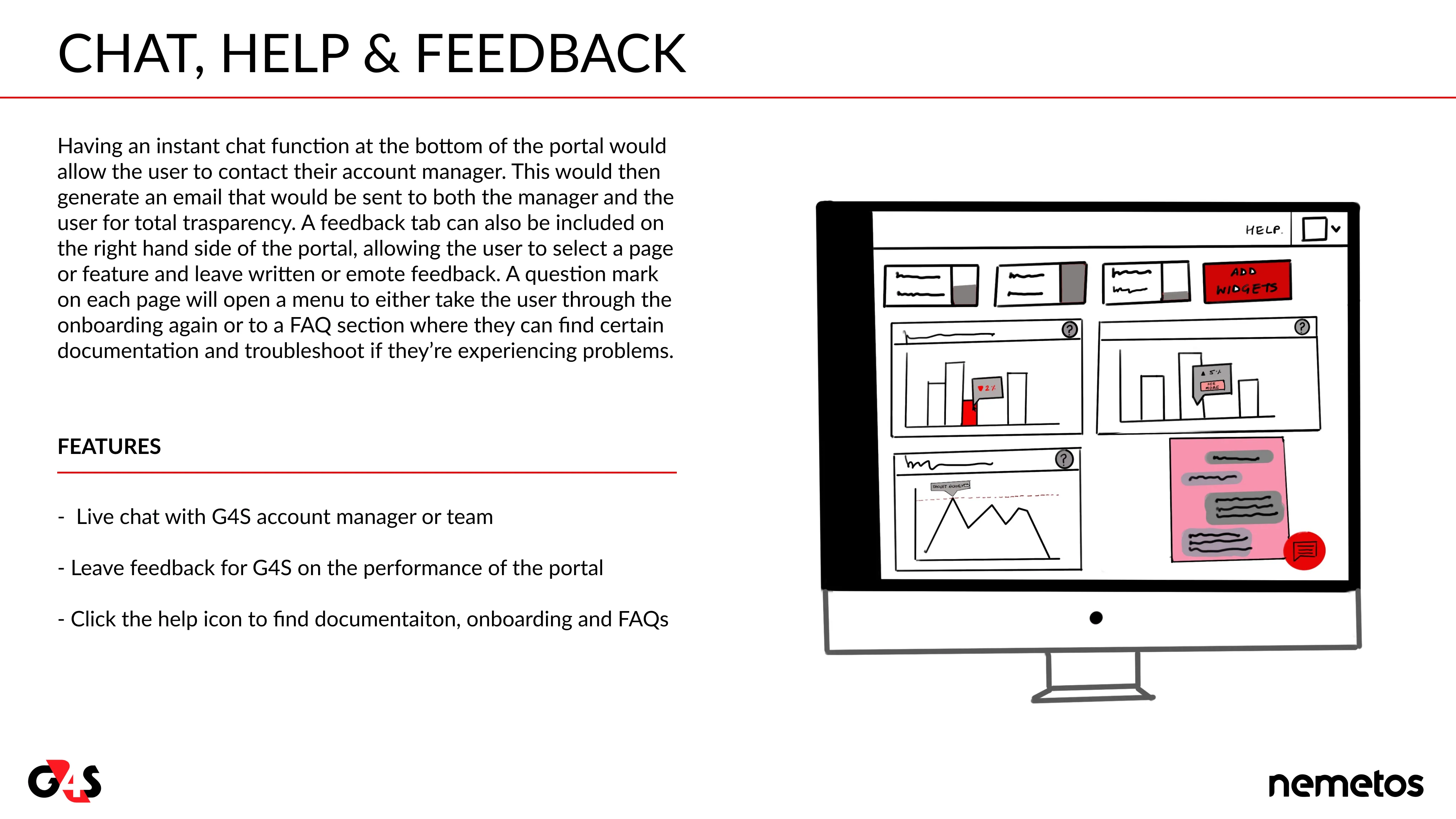 Concept card 4, Chat, help and feedback: live chat with a G4S account manager, feedback on G4S performance and a help section.