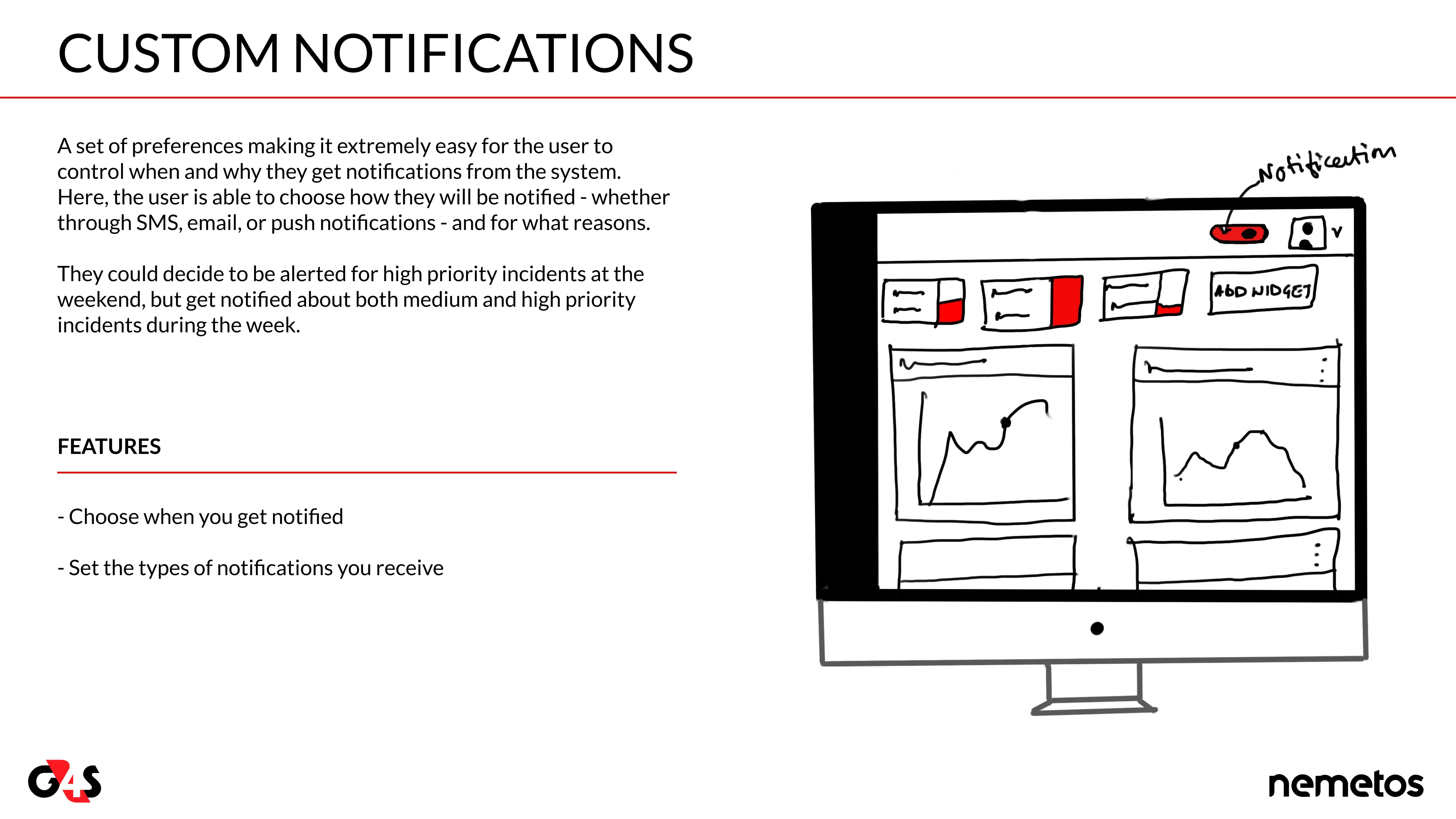 Concept card 5, Custom notifications: users choose which incidents and updates they are alerted to, and how.