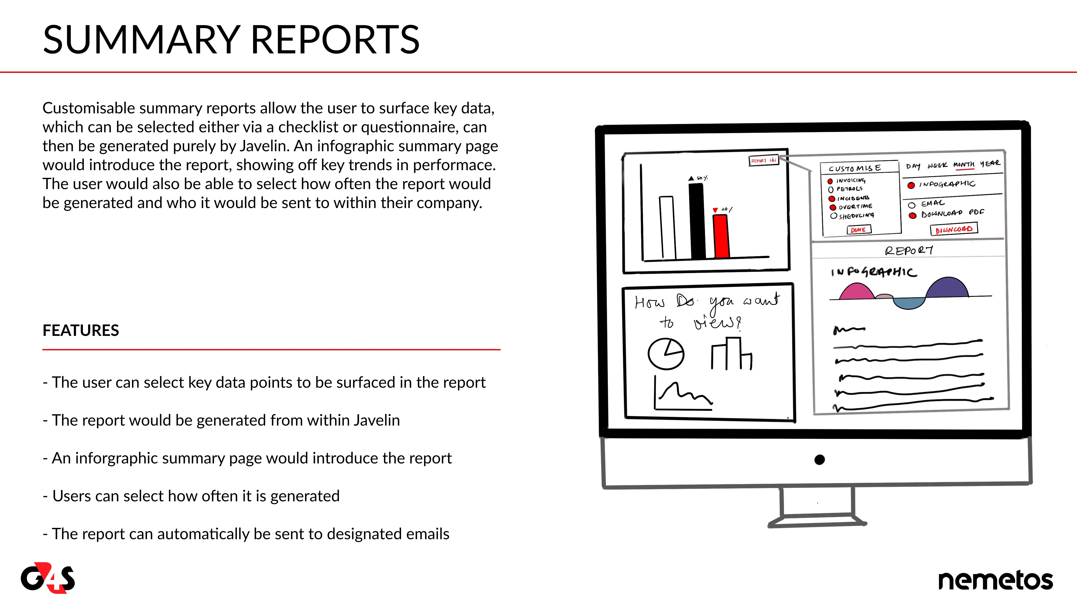Concept card 3, Summary reports: customisable reports generated from Javelin data, sent automatically to chosen people.