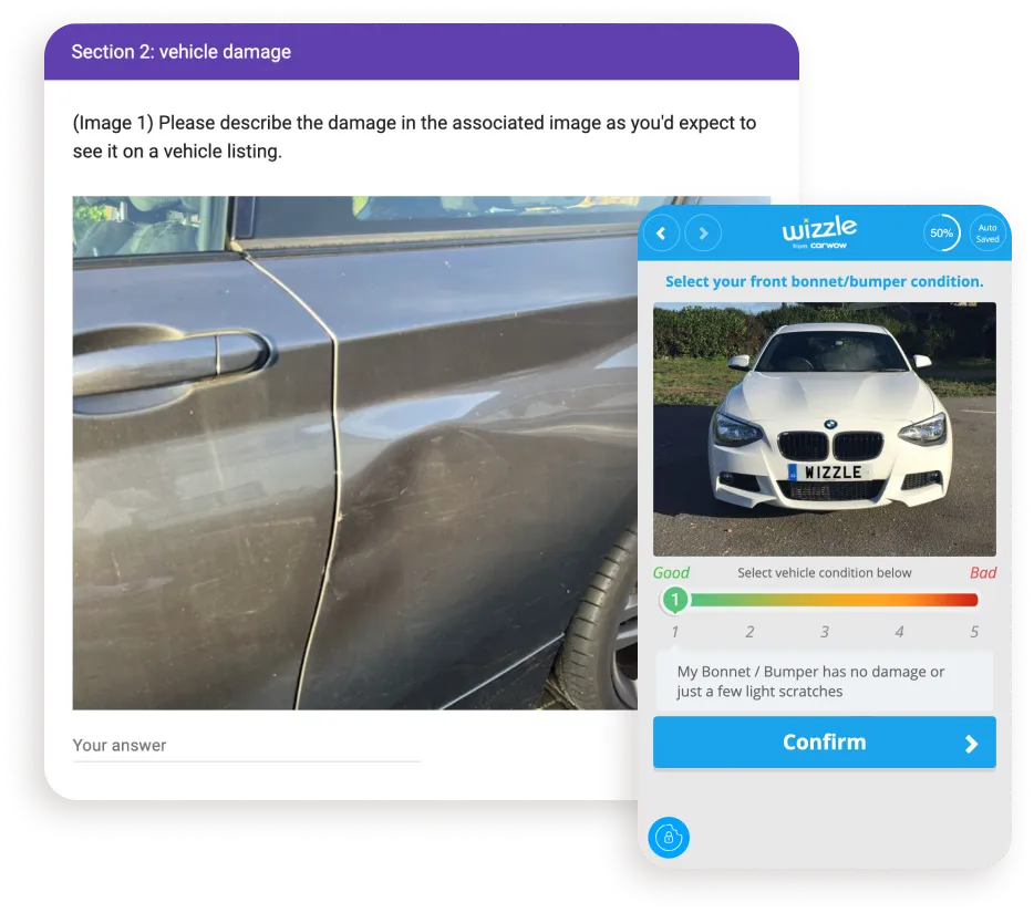 A damage questionnaire asking the seller to describe damage in a photo, next to the Wizzle damage reporting screen on mobile.