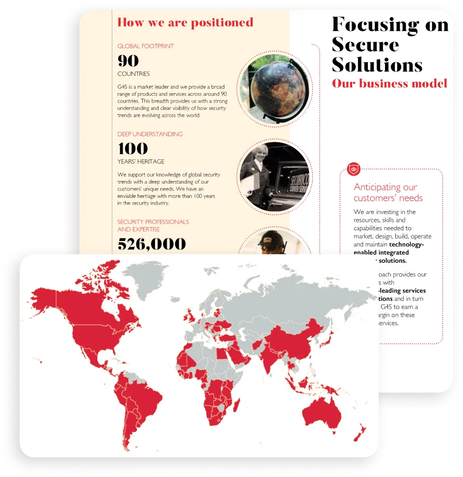A G4S company overview slide, "Focusing on Secure Solutions", with a world map of the countries G4S operates in.