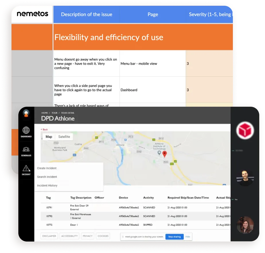 A heuristic evaluation table rating the old portal on flexibility and efficiency of use, beside its DPD Athlone site page with a map and incident list.