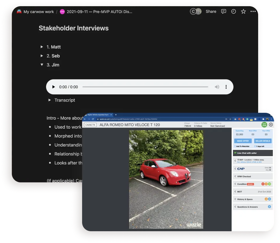 Stakeholder interview notes with recordings, beside an old AUTOi listing for an Alfa Romeo MiTo.