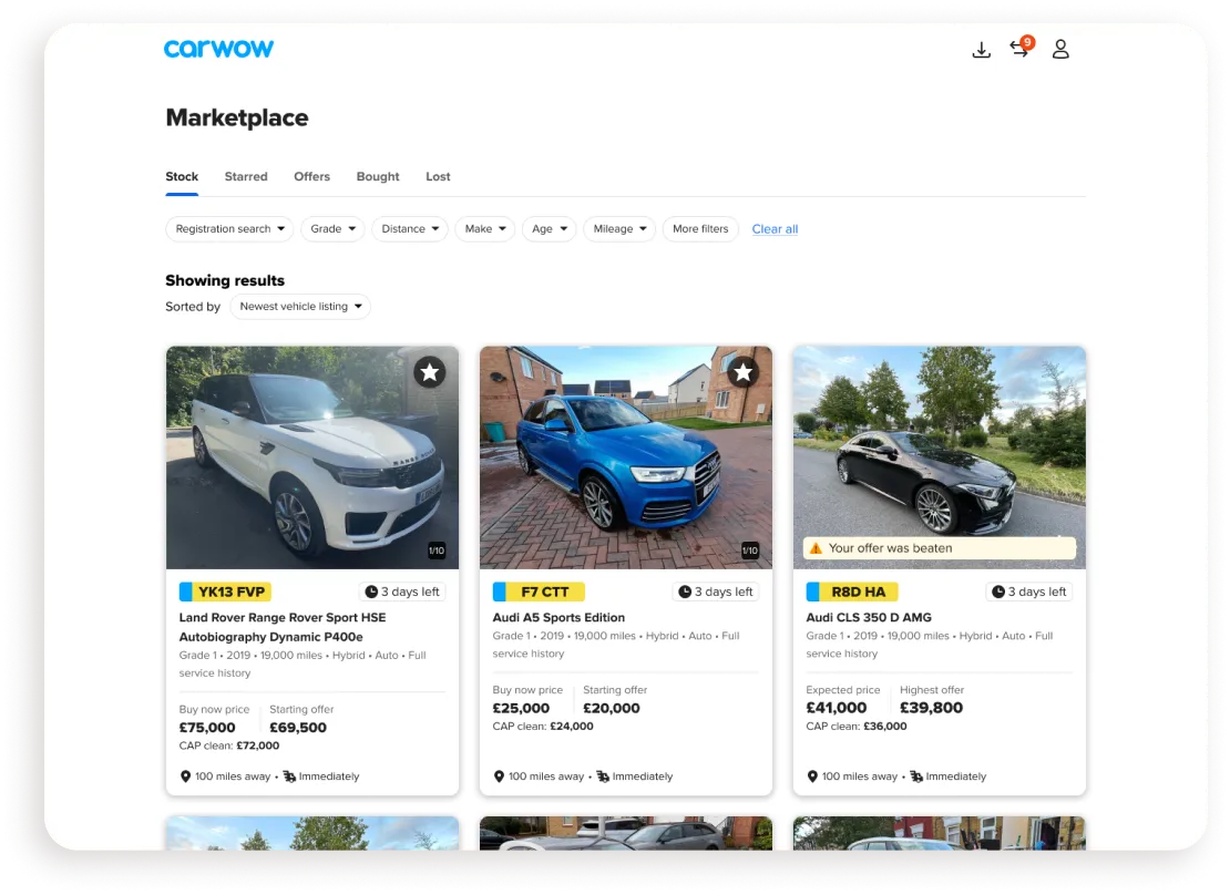 The redesigned Carwow marketplace, with large vehicle listing cards showing the number plate, price and time left.