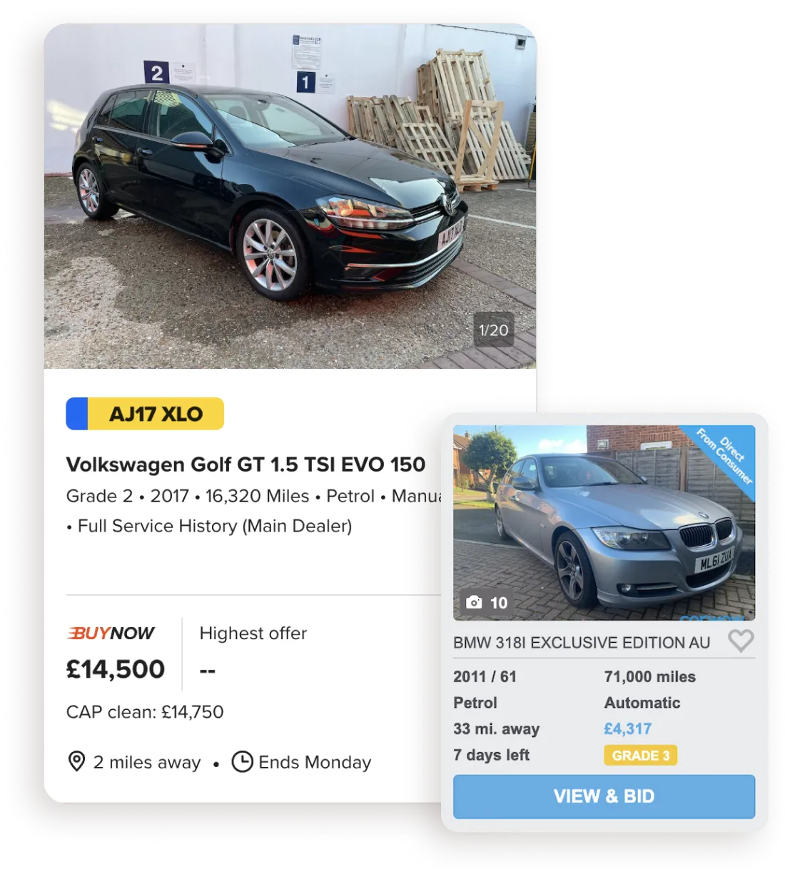 A redesigned listing card with a large photo, number plate, price and time left, beside a Volkswagen Golf listing.