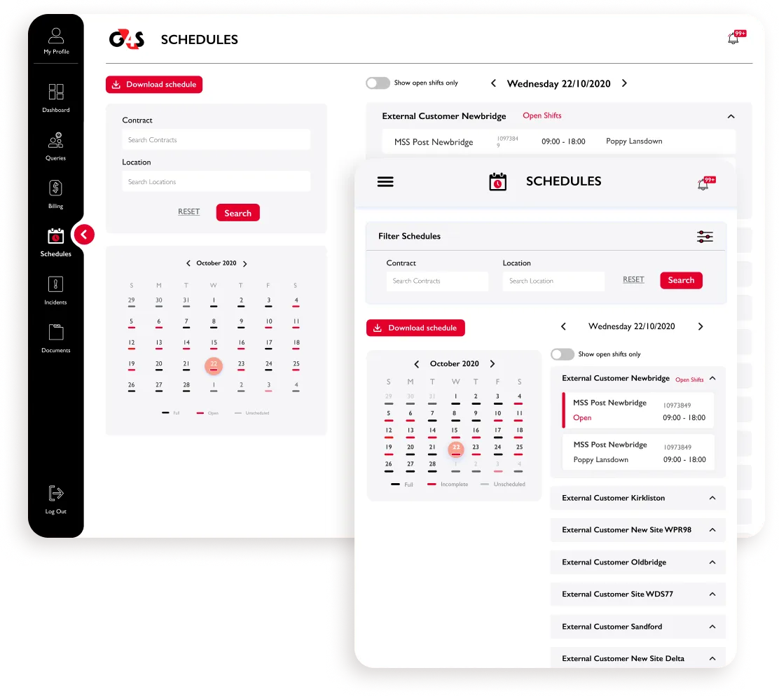 The final schedules page on desktop and mobile, with a calendar showing dates that have open shifts.