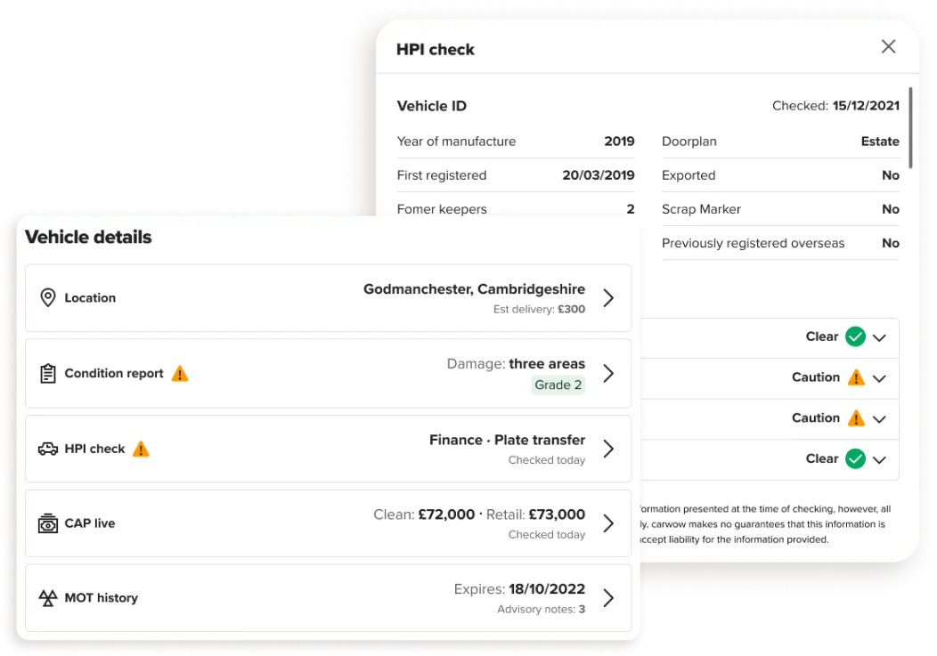 Vehicle details for a listing: location, condition report, HPI check, CAP price and MOT history, with an expanded HPI check.