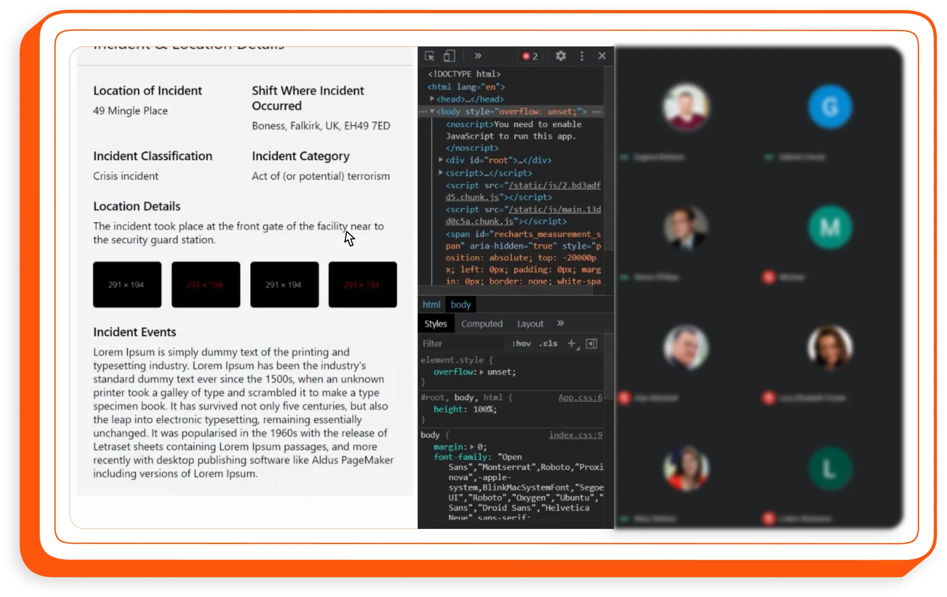 The built incident details page open beside browser developer tools and a video call with the development team.