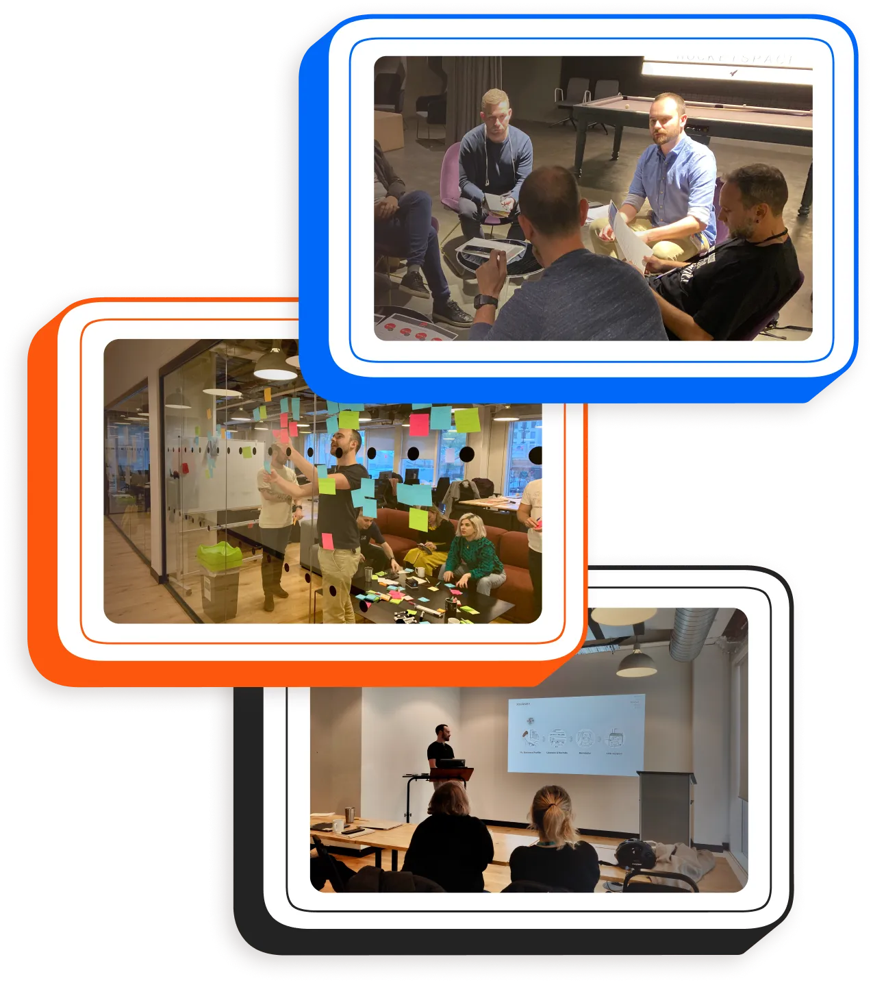 Three framed photos of Christian at work: a team discussion, a sticky-note workshop and a presentation.