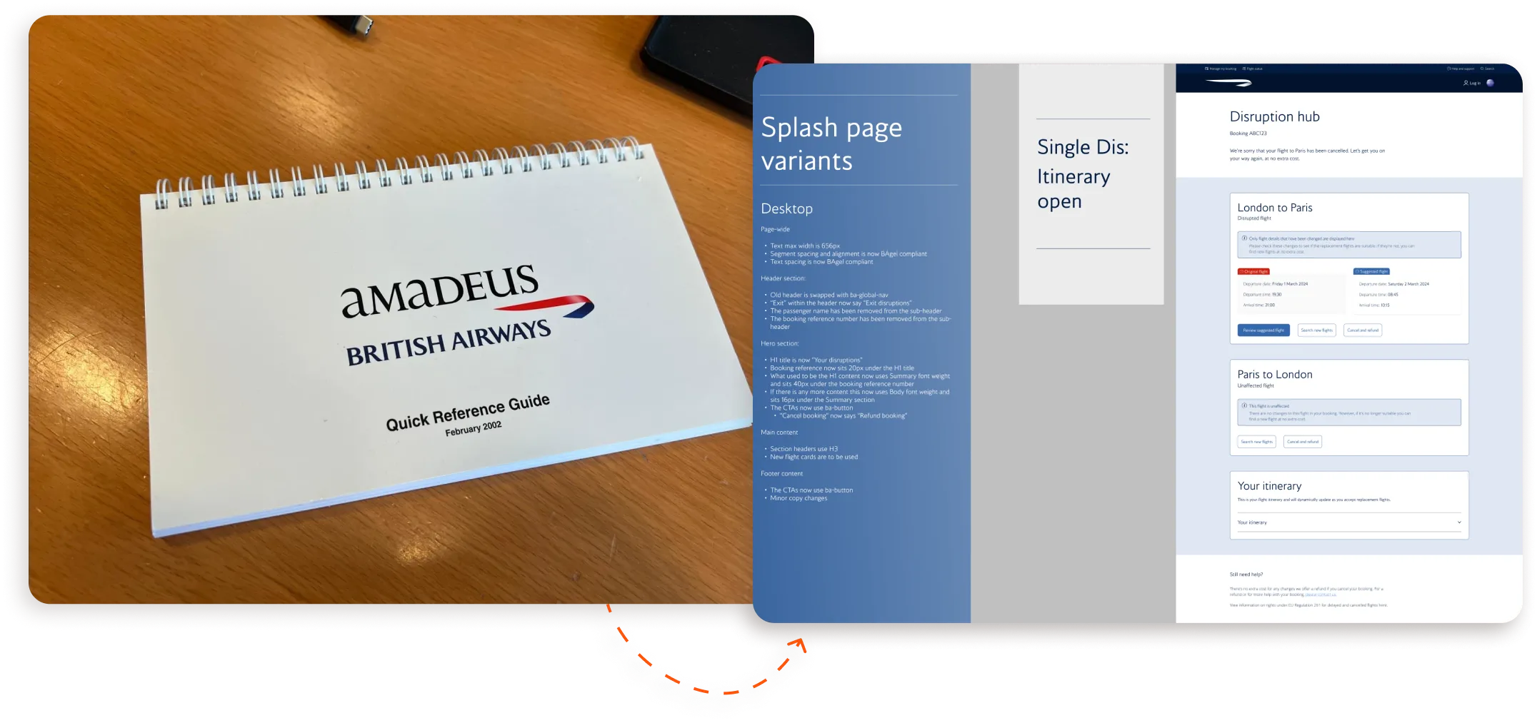 The Amadeus British Airways quick reference guide beside splash page designs for the new app.