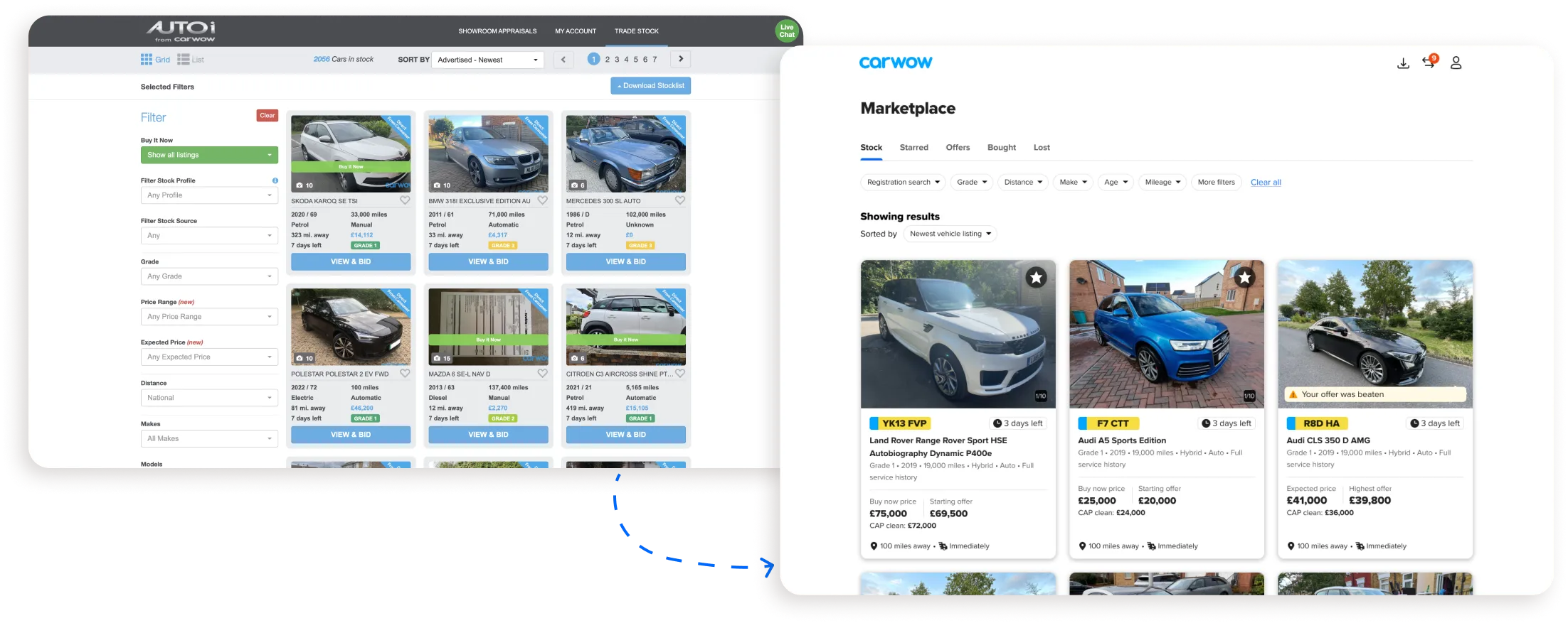 The old AUTOi stock page, with small listing cards and a long filter column, redesigned as the new Carwow marketplace with large listing cards.