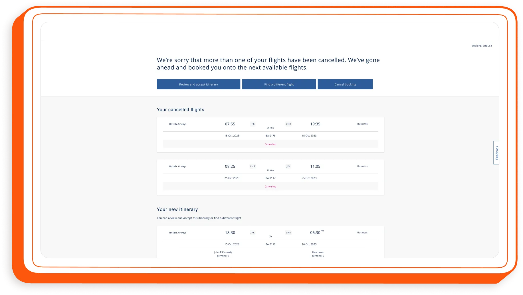 The old disruption tool: a desktop page listing two cancelled flights and a new itinerary, with buttons to accept it, find a different flight or cancel the booking.