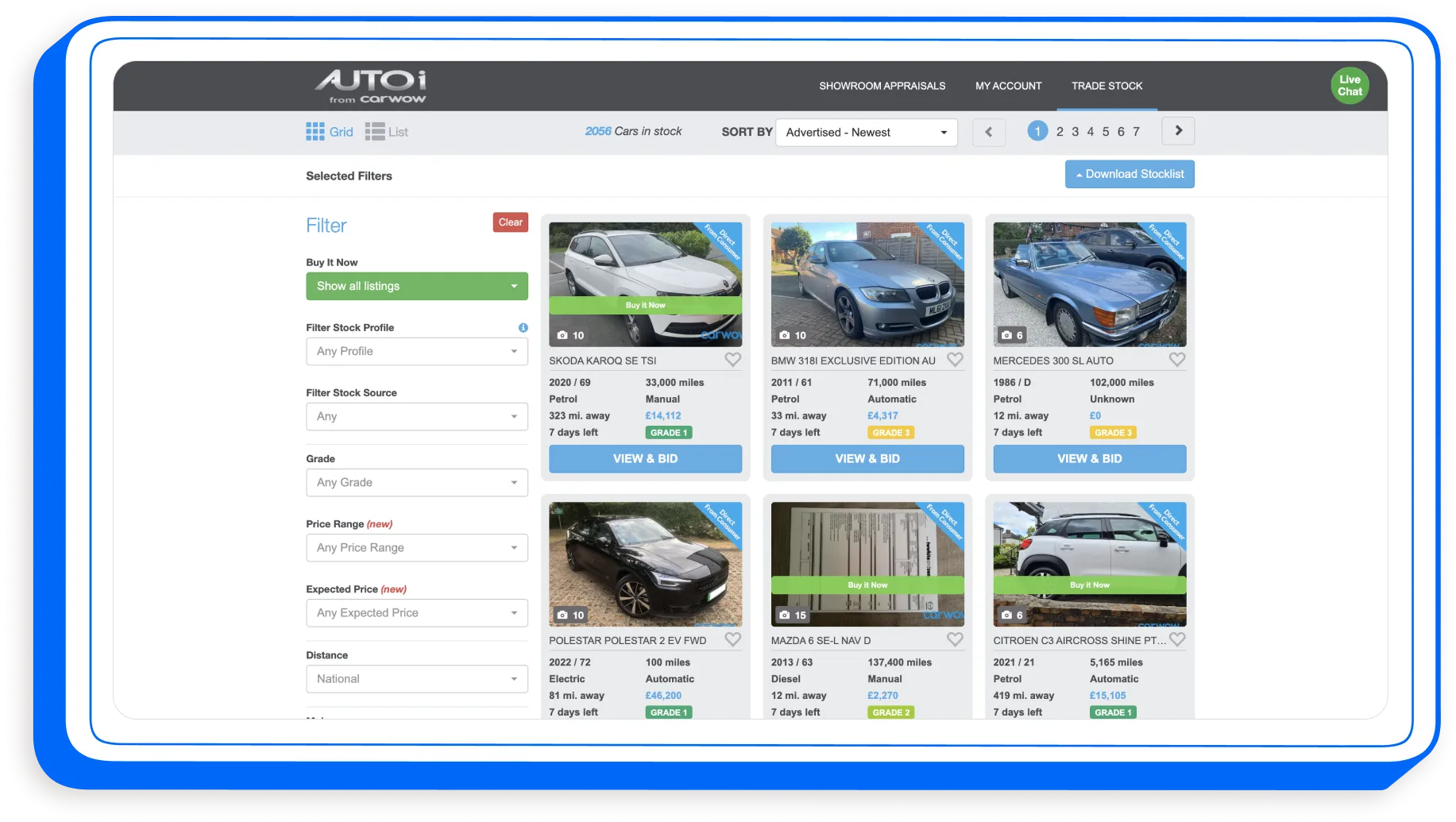 The old AUTOi dealer platform: a dense page of small vehicle listing cards beside a long column of search filters.