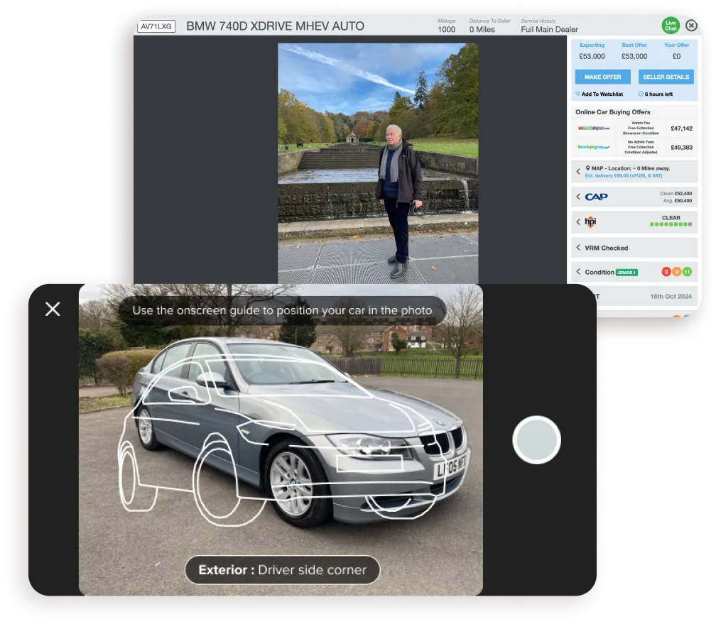 A seller’s photo of a man standing in a field instead of a car, and the photo guide app framing the driver side corner.