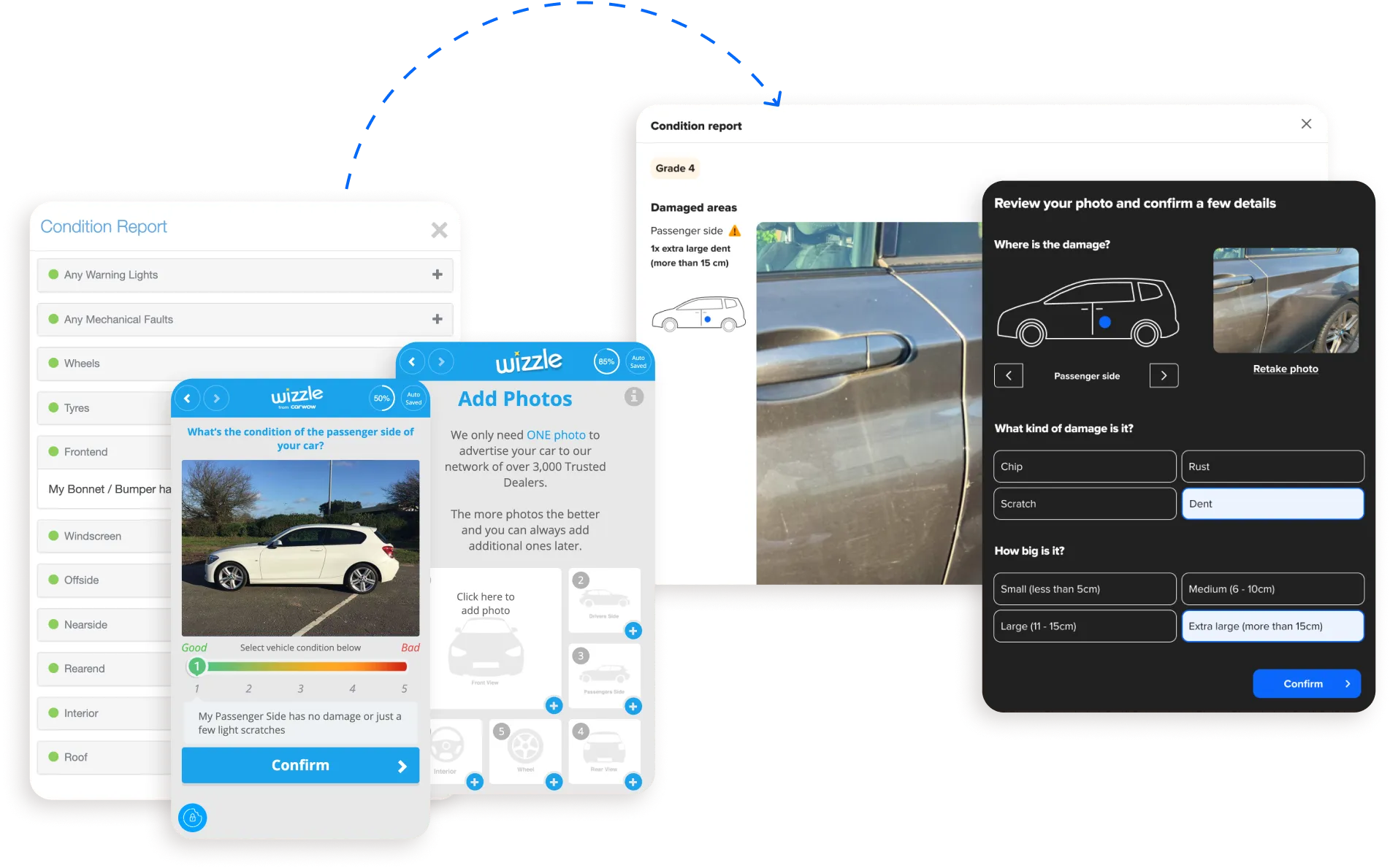 The old Wizzle condition report and photo upload screens, linked to the redesigned flow asking sellers where the damage is, what kind and how big.