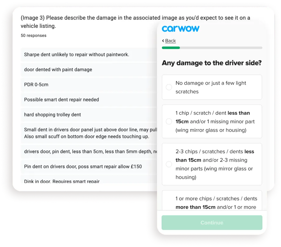 The old damage options for the driver side of a car beside survey responses used to rename them.
