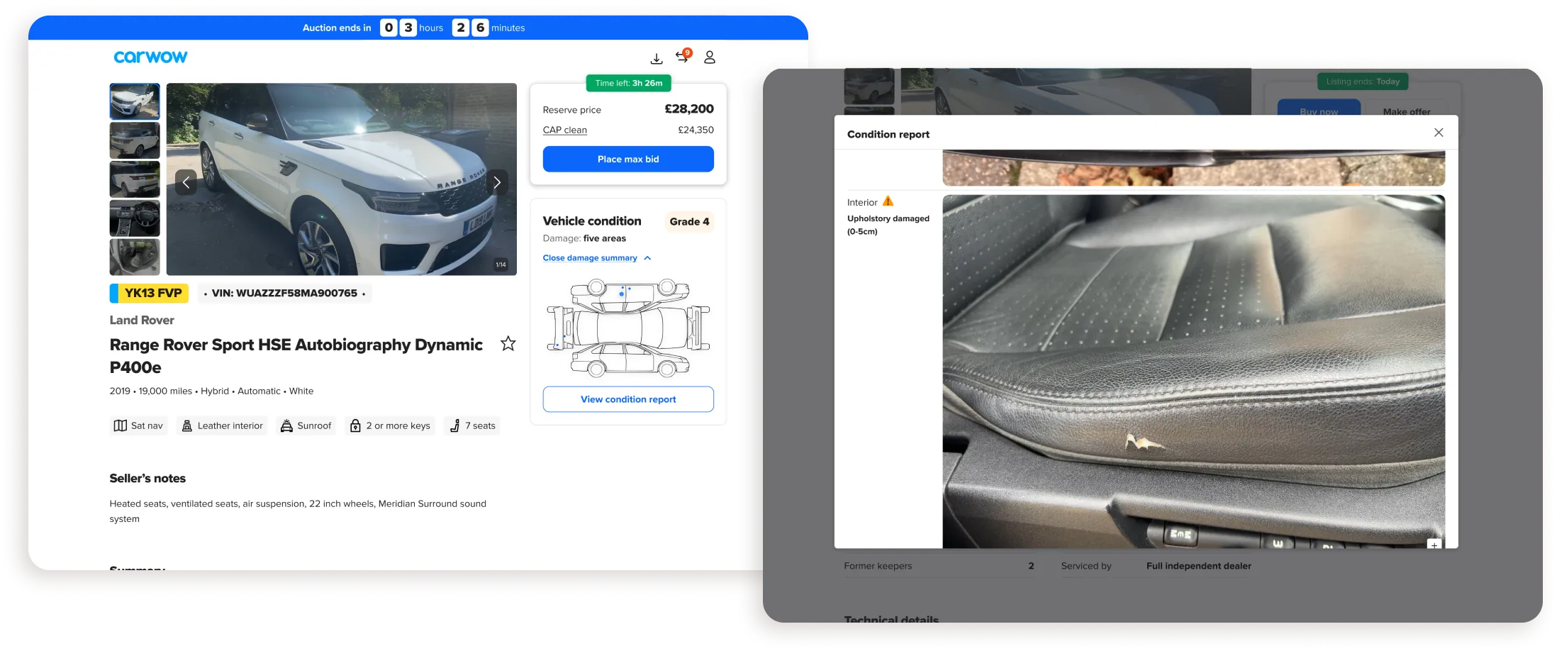 A dealer’s auction listing with the new vehicle condition summary, beside a condition report photo of damaged upholstery.