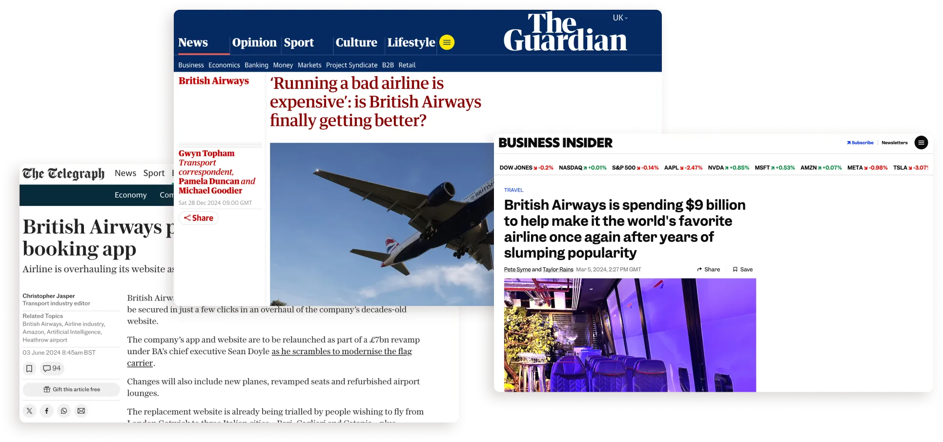 News headlines about British Airways’ digital problems and its new app, from the Guardian, the Telegraph and Business Insider.