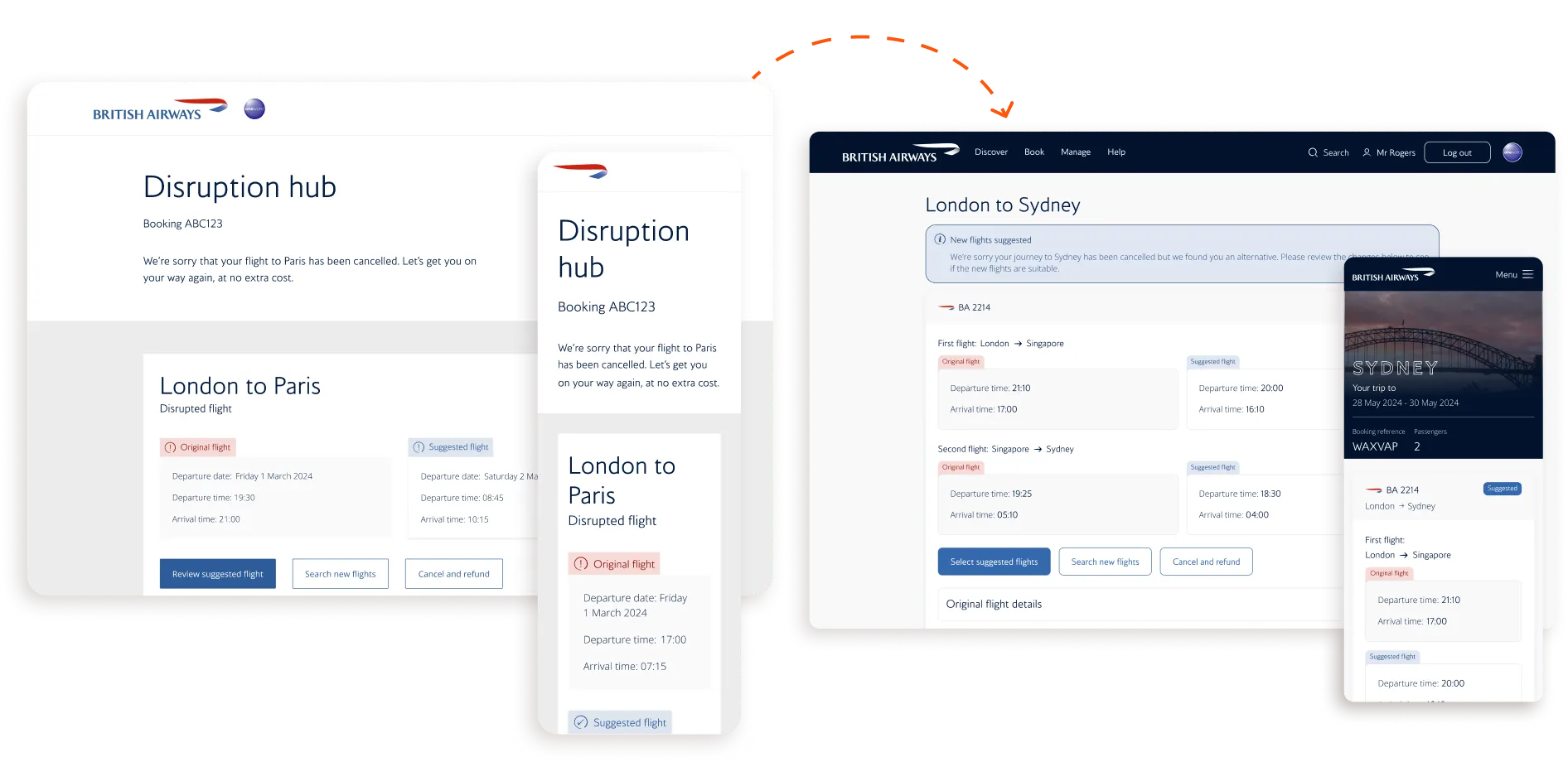 Redesigned disruption hub screens for London to Paris and London to Sydney journeys, on desktop and mobile.