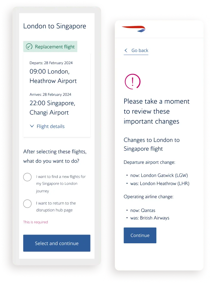 Two mobile screens: a replacement flight summary and a page asking the customer to review important changes.