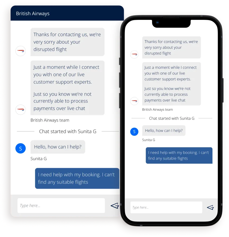 Live chat with a BA agent inside the disruption tool, on desktop and mobile.