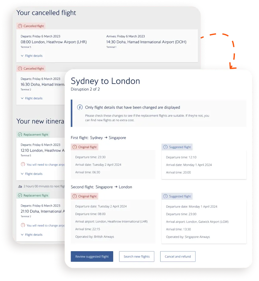 Cancelled and replacement flights for a Sydney to London journey shown side by side.