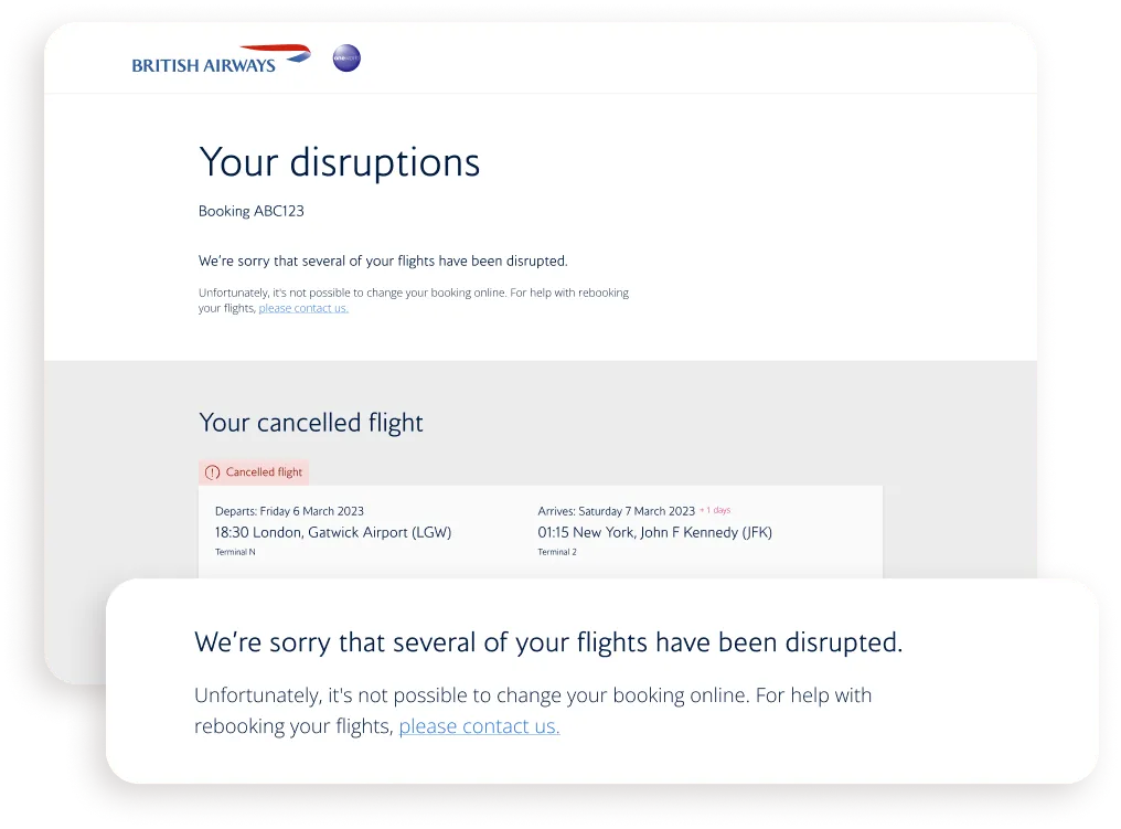 The redesigned "Your disruptions" page, showing a cancelled flight and a message that the booking can’t be changed online.