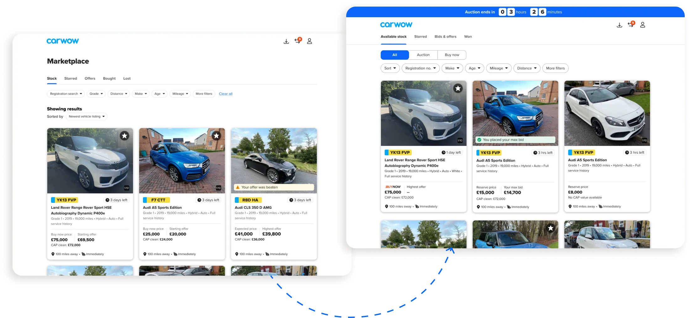 The MVP marketplace redesigned for the one-day auction, with an auction countdown and bids on each listing.